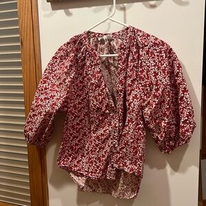Apiece Apart Mitte Red and White Floral Button Up Cotton Blouse